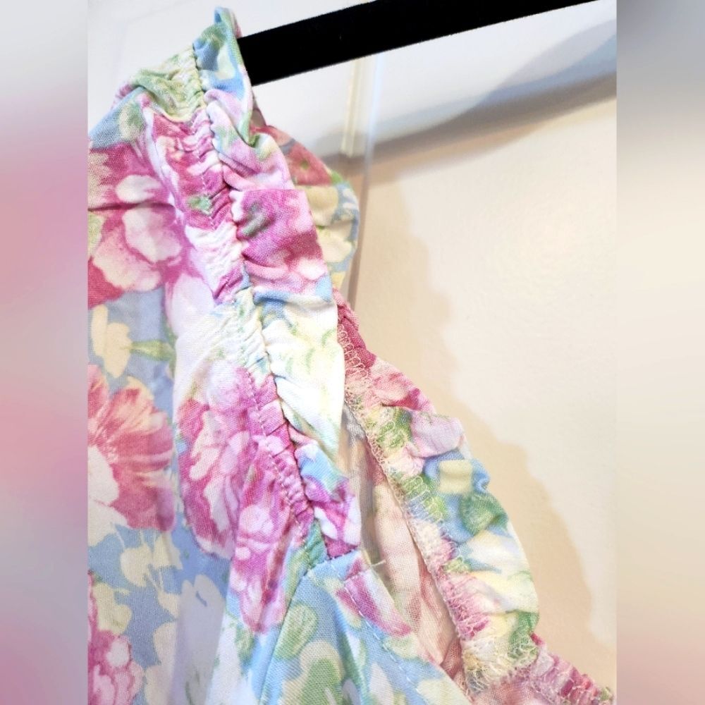 Almost Famous Women's Junior Blouse, Large, Puff Sleeve Pastel Rose Pink Blue - Picture 10 of 16